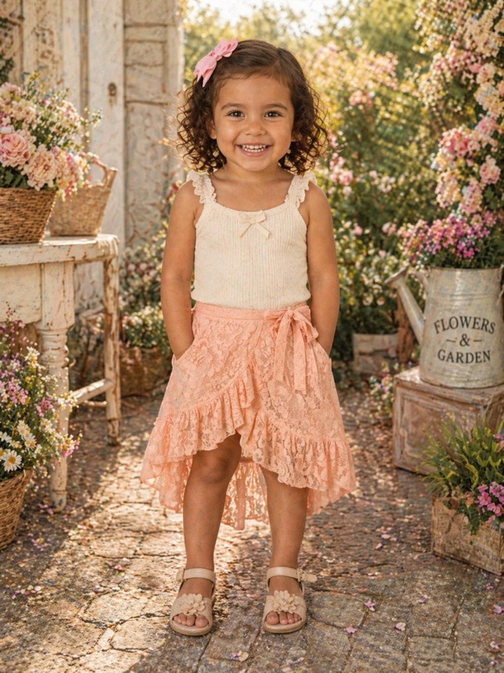 Girls Peach Lace Wrap Skirt with Ruffle Trim 4T (023)